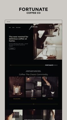 the website for fortnate coffee co is shown in black and white, with an image of