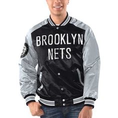 Draw attention to your personal style and Brooklyn Nets devotion in this Renegade Varsity Satin full-snap jacket from Starter. Its contrast-color design highlights the Brooklyn Nets team name in big, bold lettering across the front and their official logo on the back. You're sure to feel like an all-star fan when you sport this striking piece of outerwear. Full Snap Embroidered fabric applique Machine wash, tumble dry low Officially licensed Brand: Starter Long sleeve Imported Material: 100% Pol Sporty Silver Long Sleeve Outerwear, Bold Lettering, Fabric Applique, Brooklyn Nets, Team Name, Embroidered Fabric, Team Names, Mens Outerwear, Outerwear Jackets