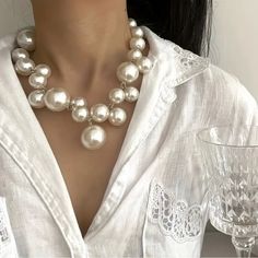 Dazzling Elegant Style - Simulated Pearl Evening Jewelry For Women - Perfect For Special Occasions Pearl Necklace Stack, Chunky Pearl Necklace, Necklace Stack, Blue Statement Necklace, Evening Jewelry, Blue Beaded Necklace, Filigree Necklaces, Layered Necklace Set, Chunky Beads