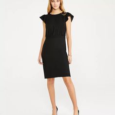 Ann Taylor. The Petite Flutter Sleeve Sheath Dress In Seasonless Stretch. Black. 4 Petite. Brand New - Never Been Worn. In Flattering Seasonless Stretch, Our Refined Sheath Dress Is Topped With Airy Flutter Sleeves. Boatneck. Flutter Sleeves With Shirred Sleeve Caps. Shirred Inset Waistband. Hidden Back Zipper With Hook-And-Eye Closure. Back Vent. Lined Body. 22" From Natural Waist Available In: Black Fabric & Care Body: 100% Polyester; Skirt: 48% Polyester, 48% Viscose, 4% Elastane; Lining: 100 Black Ruched Midi Dress For Work, Chic Flutter Sleeve Stretch Dress, Chic Stretch Dress With Flutter Sleeves, Black Flutter Sleeve Dress For Night Out, Black Fitted Midi Dress With Ruffle Sleeves, Black Ruched Dress For Work, Chic Flutter Sleeve Midi Dress For Work, Ruffle Sleeve Stretch Dresses For Work, Chic Workwear Midi Dress With Flutter Sleeves