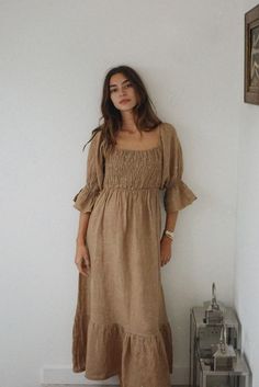 The Deia Dress // Rye Neutral Fall Dress, Aesthetic Fall Dresses, Modest Summer Clothing, Homesteading Outfits, Long Summer Dress Aesthetic, Family Photo Dress, Neutral Clothes, Dresses Winter, Church Fits