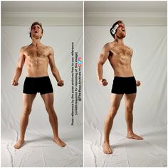 two pictures of a man with no shirt on and without his head in the air