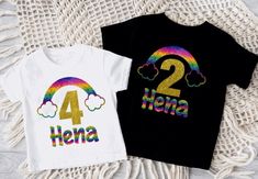 Our rainbow shirt is the cutest shirt ever! Using holographic rainbow htv and Personalization with your child's name and age, perfect for girls first birthday. Elevate any photo with our personalized rainbow birthday shirt. Let's capture those special days and moments with one of Pompae Custom stylish shirts/Onesies! Made using only commercial grade and high quality materials. Pompae Custom Etsy shop offers a wide selection of trendy custom or personalized designs. Great for Photo Sessions, Comi Rainbow Birthday Shirt, Bday Shirt, Birthday Skirt, Glitter Rainbow, Birthday Girl Outfit, Cute Rainbow, Rainbow Shirt, Rainbow Birthday, Girl First Birthday