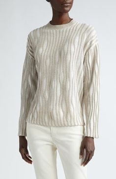 Textured rivulets stripe this relaxed-fit sweater knit from a cashmere- and silk-enriched cotton blend for comfort you'll never tire of. 23 1/2" length (size Medium) Crewneck Long sleeves Dropped shoulders 60% cotton, 20% cashmere, 20% silk Hand wash, dry flat Imported Designer Clothing Elegant Striped Sweater For Spring, Cream Jacquard Knit Long Sleeve Tops, Cream Long Sleeve Jacquard Knit Top, Spring Jacquard Knit Sweater In Relaxed Fit, Cream Jacquard Knit Top For Fall, Spring Jacquard Knit Sweater With Relaxed Fit, Striped Pointelle Knit Tops For Fall, Leather Shirt Jacket, Fall Wardrobe Essentials