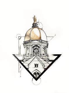 a drawing of a building with a dome on top and an arrow in the middle