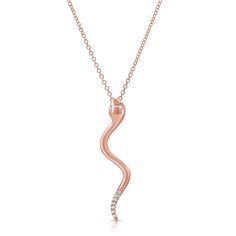 Embrace the allure of mystique and elegance with our captivating 14K Gold Snake Necklace, embellished with dazzling diamonds totaling 0.16 carats. This enchanting piece is a testament to exquisite craftsmanship and timeless design, perfect for those who appreciate both luxury and symbolism. Crafted from gleaming 14K gold, the snake pendant coils with graceful fluidity, symbolizing transformation and renewal. The serpent's scales are delicately adorned with brilliant-cut diamonds, meticulously se Formal Rose Gold Diamond Necklace With Pave Setting, Fine Jewelry Rose Gold Diamond Necklace With Pave Setting, Rose Gold Diamond Necklaces With Pave Setting, Elegant Diamond Necklace With Sparkling Stones, Elegant Rose Gold Diamond Necklace With Sparkling Stones, Rose Gold Pendant Diamond Necklace With Pavé Setting, Rose Gold Diamond Pendant Necklace With Pave Setting, Rose Gold Diamond Necklace With Elegant Design, Exquisite Rose Gold Diamond Necklace With Accents