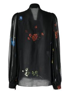 Elie Saab floral-print Silk Shirt - Farfetch Designer Long Sleeve Blouse With Floral Print, Designer Multicolor Floral Print Blouse, Designer Floral Print Workwear Blouse, Designer Floral Print Blouse For Work, Silk Blouse With Floral Print, Elegant Multicolor Blouse With Blouson Sleeves, Black Silk Long Sleeve Blouse, Black Silk Blouse With Floral Print, Black Sheer Silk Blouse