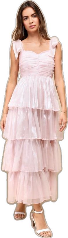 Spring Night Out Organza Dress, Sheer Satin Summer Dresses, Summer Sheer Satin Dresses, Flirty Organza Party Dress, Pink Tiered Skirt Party Dress, Summer Organza Dress For Night Out, Feminine Organza Party Dress, Sheer Feminine Satin Dress, Glamorous Organza Dresses For Summer