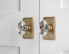 two white doors with brass handles and knobs