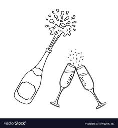 two glasses of champagne with bubbles and confetti on white background hand drawn doodle style