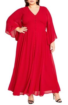 A swishy hem and fluttery sleeves give beautiful movement to a fit-and-flare maxi dress with button-and-loop closures at the front. 54" length V-neck Front button-and-loop closure Long sleeves Hidden pockets Lined 100% polyester Hand wash, dry flat Imported Cherry Dress, Plus Size Maxi, Long Sleeve Maxi, City Chic, Chic Woman, Nordstrom Dresses, Long Sleeve Maxi Dress, Fit And Flare, Plus Size Dresses