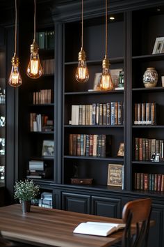 three light bulbs hanging from the ceiling above a wooden table in front of bookshelves