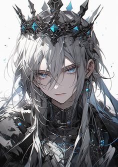 an anime character with grey hair and blue eyes wearing a crown on top of his head