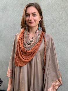 This beautiful desert shawl is a one of the kind creation. It can be worn as a headpiece, a belt, a scarf or a wrap. It comes with two detachable layers: a gauze cotton, hand-dyed by Lunara Love herself, and a stretch cotton jersey layer. This gorgeous beduin style desert scarf is lovingly hand crafted by Lunara Love of Lunara Design for our collaborative collection "Nomad Life" Being a nomad is like being a free spirit, a desert dweller who is ready to let go of the things that don't really mat Bohemian Brown Shawl Dupatta, Bohemian Shawl For Layering, Bohemian Hand Dyed Scarves For Summer, Bohemian Brown Shawl With Traditional Drape, Bohemian Hand-dyed Scarves For Summer, Bohemian Silk Dupatta Shawl, Bohemian Silk Scarf, Bohemian Sheer Dupatta Shawl, Bohemian Style One Size Scarf Wrap