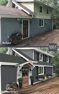 before and after photos of a house with wood decking on the front, and in the back