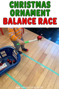 a child playing with christmas ornament balance race