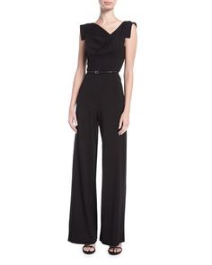 Jackie Cap-Sleeve Belted Wide-Leg Jumpsuit Sleek Formal Jumpsuits And Rompers, Elegant Strapless Wide-leg Jumpsuit For Work, Elegant Wide Leg Strapless Jumpsuit For Work, Sleeveless Fitted Jumpsuits And Rompers For Formal Events, Tailored Sleeveless Jumpsuits And Rompers For Formal Occasions, Elegant Formal Jumpsuits And Rompers, Elegant Strapless Jumpsuit For Work, Elegant Tailored Evening Jumpsuits And Rompers, Elegant Evening Elastane Pantsuit