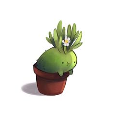 a green plant with white flowers growing out of it's head in a brown pot