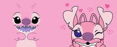 two cartoon animals with big eyes and hearts on their backs, one is pink and the other is blue