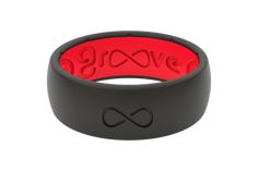 an image of a black and red ring with the word love in cursive writing