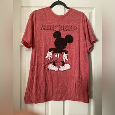 Vintage Mickey. No Tag But Unworn. Casual Minnie Mouse Crew Neck Shirt, Casual Crew Neck Minnie Mouse Shirt, Casual Minnie Mouse Short Sleeve Shirt, Casual Short Sleeve Shirt With Minnie Mouse, Mickey Mouse Graphic Tee For Disney-themed Events, Red Minnie Mouse Tops For Disney Fan Events, Red Minnie Mouse Top For Disney Fan Events, Red Cartoon Print Graphic Tee, Red Mickey Mouse T-shirt For Disney Fan Events