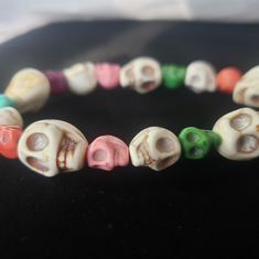 Handmade Colorful Skull Bracelet. Circumference Is App. 7.5" Made In Arizona. Penguin Bracelet, Wwjd Bracelet, Tassel Anklet, Patriotic Bracelet, Beautiful Beaded Bracelet, Womens Bangles, Colorful Skulls, Wide Cuff Bracelets, Bangles Making