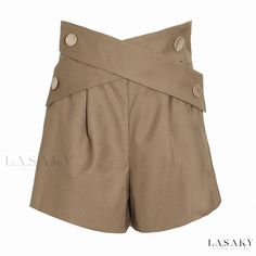 Lasaky - Chic Cross Strap High Waist A-Line Shorts with Metal Buttons and Frill Trim Button Cross, Carrot Pants, Lace Top Dress, A Line Shorts, Jumpsuit Jacket, Backless Maxi Dresses, Maxi Dress Green, Swimwear Cover Ups, Designer Shorts