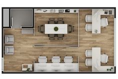 an overhead view of a living room and dining area in a floor plan with furniture