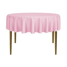 a pink table cloth with wooden legs