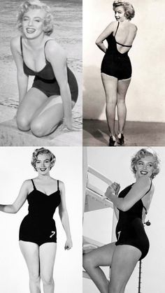 four photos of marilyn monroe in swimsuits and bathing suits, from the 1950's to today