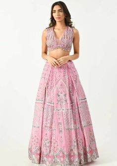 This modern lehenga in pastel hues features geometric and floral prints highlighted with embroidery detailing. The blouse comes with a deep V neckline adorned with beads and sequins all over. A cape with gathers is added to give you that chic look in an ethnic wear. Modern Lehenga, Embroidery Detailing, Pastel Hues, Custom Tailoring, Ethnic Wear, Asian Fashion, Deep V, Lehenga, Custom Sizing