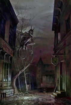 an artistic painting of a creepy looking tree in the middle of a city at night