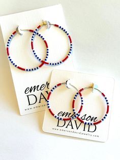 Celebrate Independence Day in style with these earrings, featuring Miyuki Delica seed beads, hand strung onto comfortably delicate 40mm gold plated, hypoallergenic, tarnish resistant hoops.  40mm = 1.57 inches 35mm = 1.38 inches Summer Tiny Beaded Small Hoop Earrings, Everyday Beaded Hoop Earrings, Beaded Earrings As A Gift For 4th Of July, Beaded Earrings For 4th Of July Gift, Handmade Red Beaded Earrings For 4th Of July, Red Patriotic Beaded Earrings, Seed Bead Hoop Earrings, Bead Hoop Earrings, Blue Game