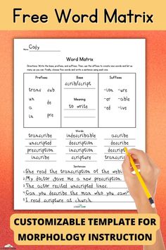 a hand holding a pencil over a worksheet with the words, free word matix