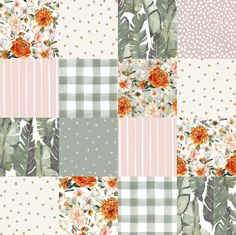 a patchwork pattern with flowers and leaves on the same checkerboard background in pastel colors