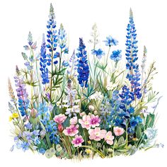 watercolor painting of blue and pink flowers