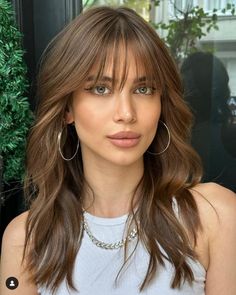 Brunette Hair Wispy Bangs, Wispy Bangs Long Hair Brunettes, Brunette Wispy Bangs, Bangs Brunette Hair, Brunette Hair With Bangs, 90's Hairstyle, Hazelnut Hair, Fringe Bangs Hairstyles, Messy Wavy Hair