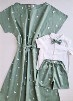 "Handmade family look outfit for mom and son. 💚 This outfit made from 100% best quality cotton fabric.  Will be perfect for birthday celebration,  1st year party, summer vacation or photoshoot outfit.  Available to order dad and son shirts,  dresses for mom and daughter.  HOW TO PURCHASE: - Select the size you need and click \"Add to Cart\" - Repeat each step to each clothes you need. Add as many as you need to your card and than proceed to checkout. - Submit the order.   Clothes are MADE TO OR Mom Son Dress Combo, Cute Fitted Summer Sets, Casual Matching Set Dress For Vacation, White Matching Sets For Summer, Fitted Cotton Sets For Summer, Fitted Cotton Summer Sets, Matching Cotton Sets With Short Sleeves, Casual Cotton Dresses With Matching Set, Knee-length Cotton Summer Dress