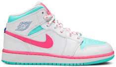 The Air Jordan 1 Mid GS ??Digital Pink?? is the youth sizing of Michael Jordan?s first signature shoe in a bright and vibrant colorway. Appearing on the Jordan 1 Mid . the upper displays smooth white leather on the forefoot . mid-panel . collar . and heel. Eye-pleasing Aurora Green leather can be found on the shoe?s perforated toe and underneath the collar overlay. A hue of pink leather called Digital Pink appears on the Swoosh branding on either side. Additional design elements include white sp Air Jordan 1 Mid Digital Pink, Air Jordan 1 Mid Gs, Pink Jordans, Preppy Shoes, All Nike Shoes, Mid Top Sneakers, Cute Nike Shoes, Cute Nikes, Shoe Inspo