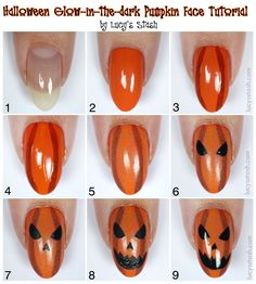 Pumpkin Nails Tutorial, Step By Step Halloween Nails, Jack O Lantern Nail Art, Pumpkin Face Nails, Halloween Diy Nails, Easy Halloween Nails Simple, Jackolantern Nails, Pumpkin Nail Art Fall, Halloween Nails Tutorial