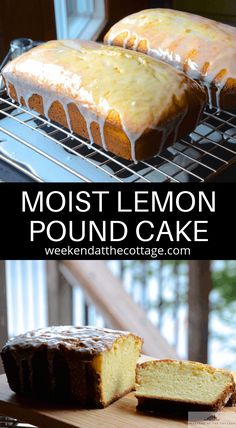 a loaf of lemon pound cake sitting on top of a cooling rack next to another loaf