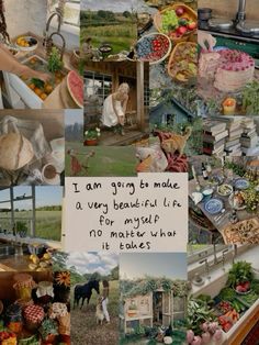 a collage of pictures with words written on them and images of food in the background