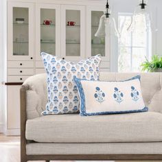 a couch with two pillows on top of it in front of a cabinet and potted plant