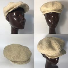 "Vintage Newsboy Cap - Torpedo Made in France 1950s Pretty paperboy cap in tweed of cream color. Visor with press button. Possible to wear open or closed. Leather band inside. Satin lining. Label on lining. In very good conditions taking into account its age. Leather band inside slightly damaged. Slight wear on tweed (back) (picture). Price takes into account its flaws. Material: wool/leather Measures: Diameter flat: 25cm - 9,8\" Head circumference: 56cm - 22\" Visor: 5cm - 1,9\" Please note tha Vintage Newsboy Cap, Beige Flat Cap, Vintage Beige Visor Hat, Classic Beige Flat Cap, Retro Beige Short Brim Hat, Vintage Tweed Flat Cap, Beige Wool Cap, Vintage Tweed Hat With Curved Brim, Vintage Beige Cap