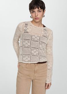 Crochet sweater with openwork details - Women | Mango USA Chic Pointelle Knit Cropped Sweater With Long Sleeves, Chic Cropped Sweater With Pointelle Knit And Long Sleeves, Chic Long Sleeve Pointelle Knit Cropped Sweater, Chic Long Sleeve Pointelle Cropped Sweater, Cotton Pointelle Knit Sweater For Layering, Long Sleeve Open Knit Top For Layering, Chic Crochet Knit Top With Long Sleeves, Pointelle Knit Cropped Sweater For Layering, Chic Pointelle Knit Sweater