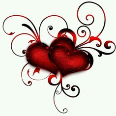 two red hearts with black swirls on white background