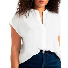 This easy-fit blouse made from woven crepe fabric features an extended shoulder and button front placket closure, hitting at the hip for a versatile day-to-night look. Oversized Tunic, Fitted Blouses, Chiffon Ruffle, Summer Blouses, Notch Collar, Ladies Of London, Tunic Shirt, Collar Blouse, Notched Collar