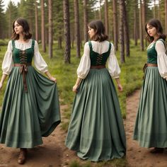 Womens Larp Costume, French Peasant Dress, Medival Outfits Halloween, Medieval Larp Costume, Green Peasant Dress, Midievil Fashion Princess, Green Maid Dress, Fantasy Peasant Outfit, Women Hobbit Cosplay