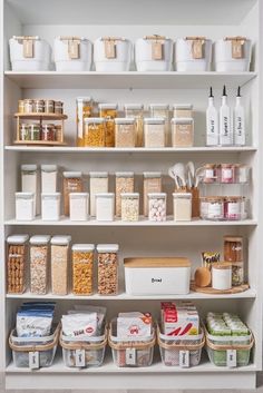 an organized pantry filled with lots of food and containers on the shelves, including cereal