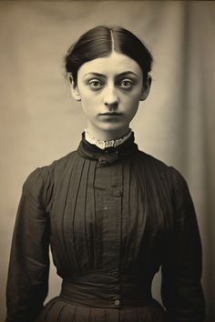 an old fashioned photo of a woman in black dress with her eyes wide open and looking at the camera